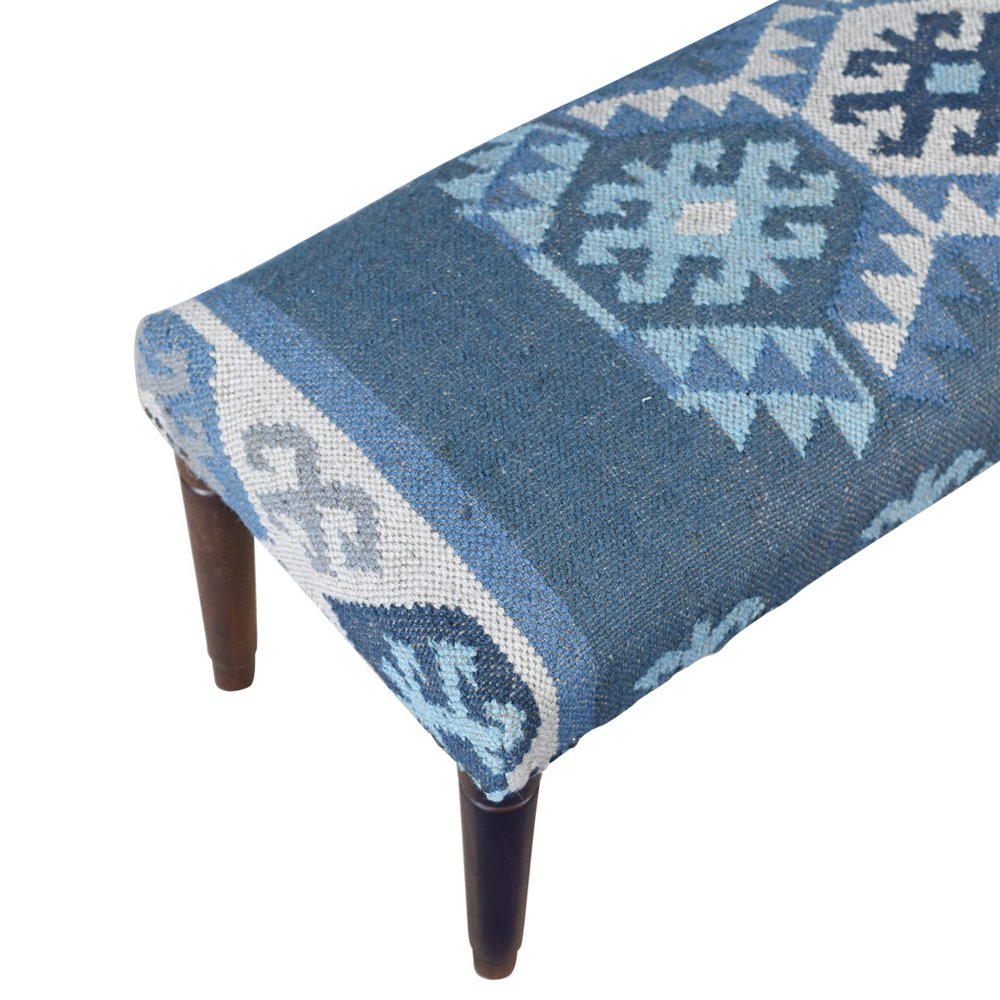 47" Blue and Brown Geometric Jute and Solid Wood Upholstered Bench