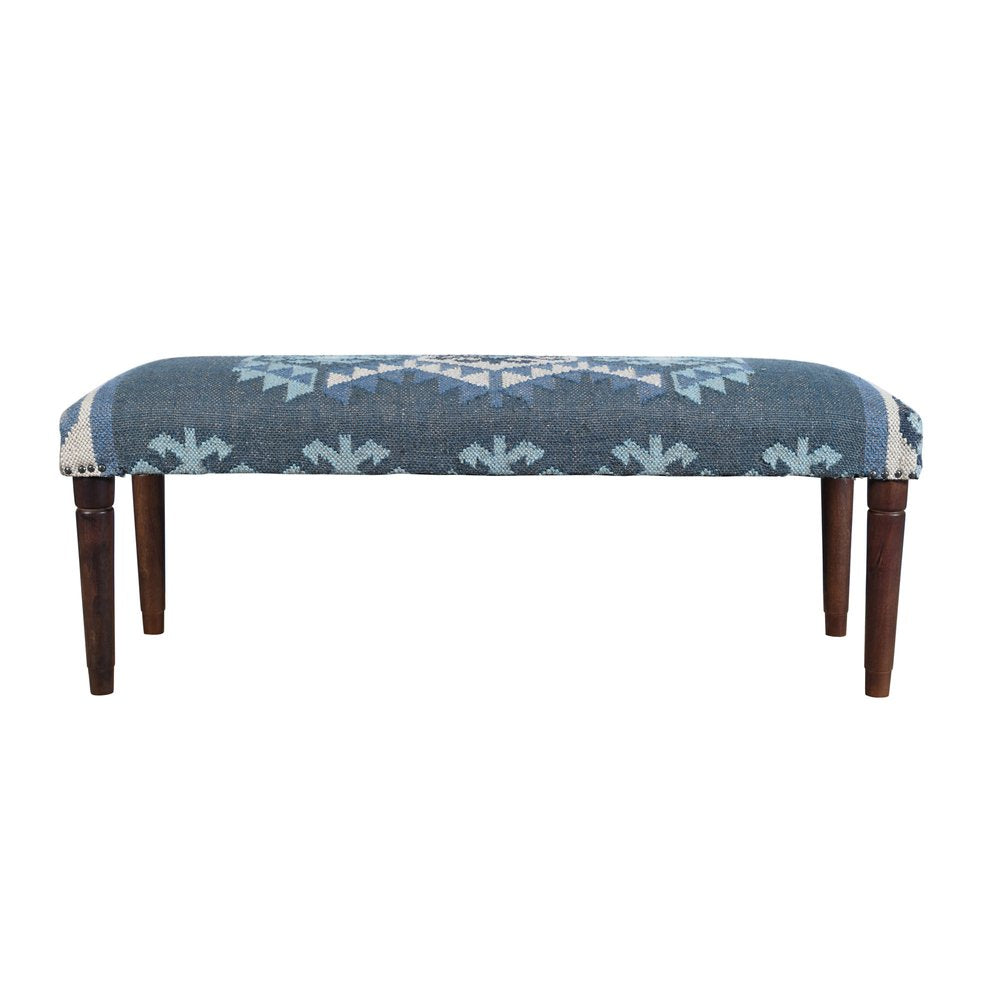47" Blue and Brown Geometric Jute and Solid Wood Upholstered Bench