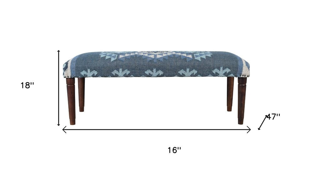 47" Blue and Brown Geometric Jute and Solid Wood Upholstered Bench
