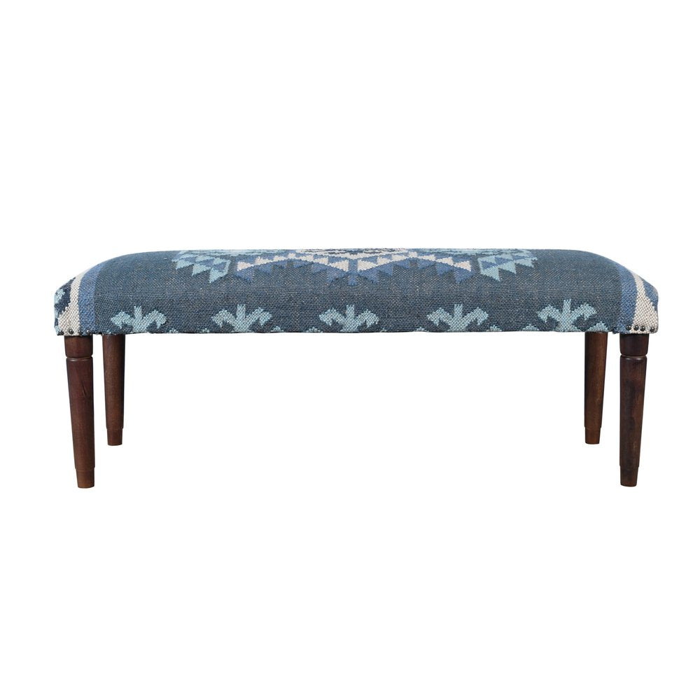 47" Blue and Brown Geometric Jute and Solid Wood Upholstered Bench