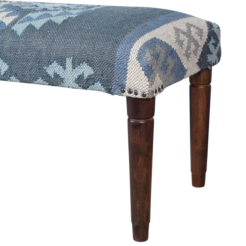 47" Blue and Brown Geometric Jute and Solid Wood Upholstered Bench