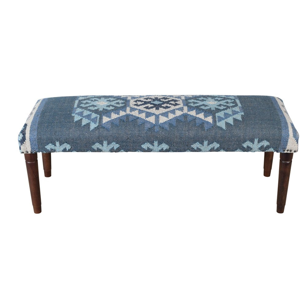 47" Blue and Brown Geometric Jute and Solid Wood Upholstered Bench