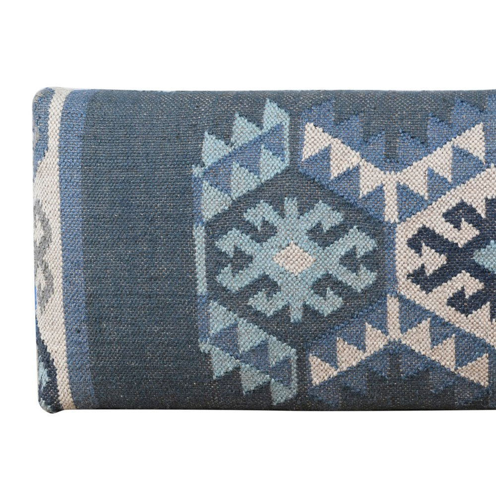 47" Blue and Brown Geometric Jute and Solid Wood Upholstered Bench