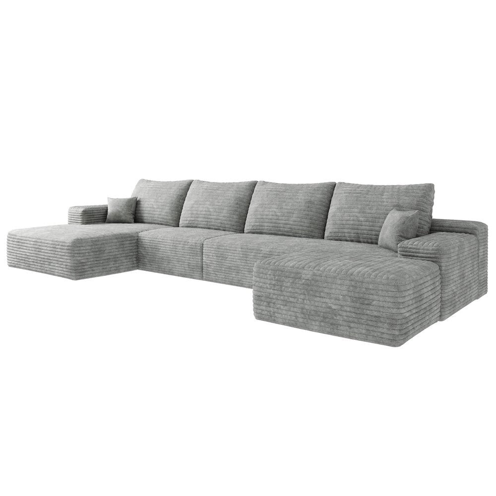 135" Gray Corduroy Modular Universal Sofa With Ottoman And Toss Pillows