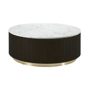 35" White Espresso and Gold Faux Marble Solid Wood and Steel Round Drum Coffee Table