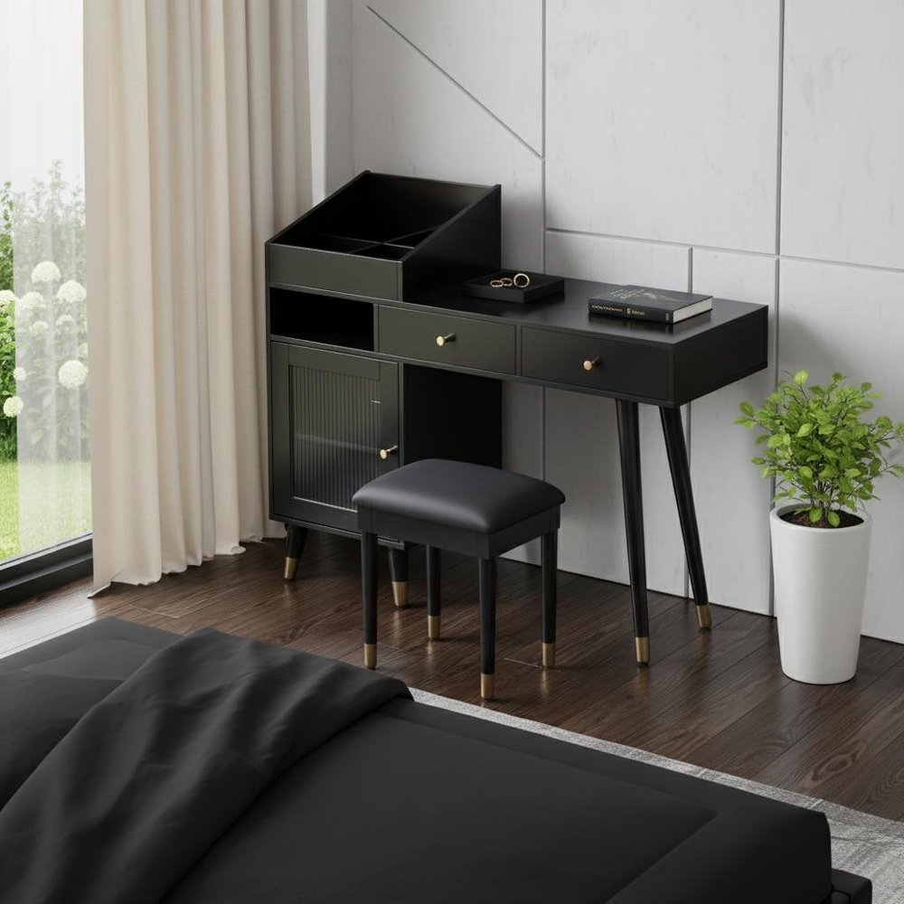 44" Black Wood Two Drawer Vanity Table