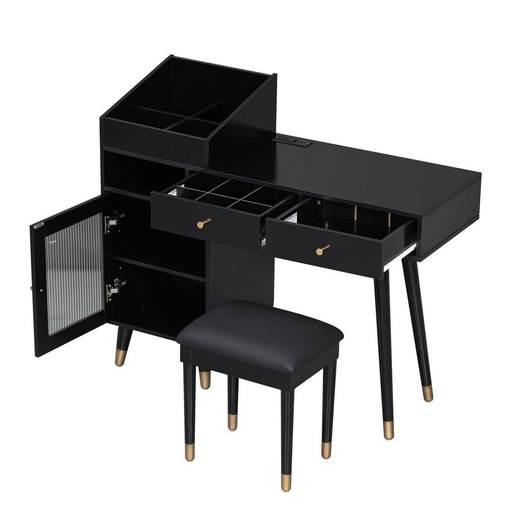 44" Black Wood Two Drawer Vanity Table