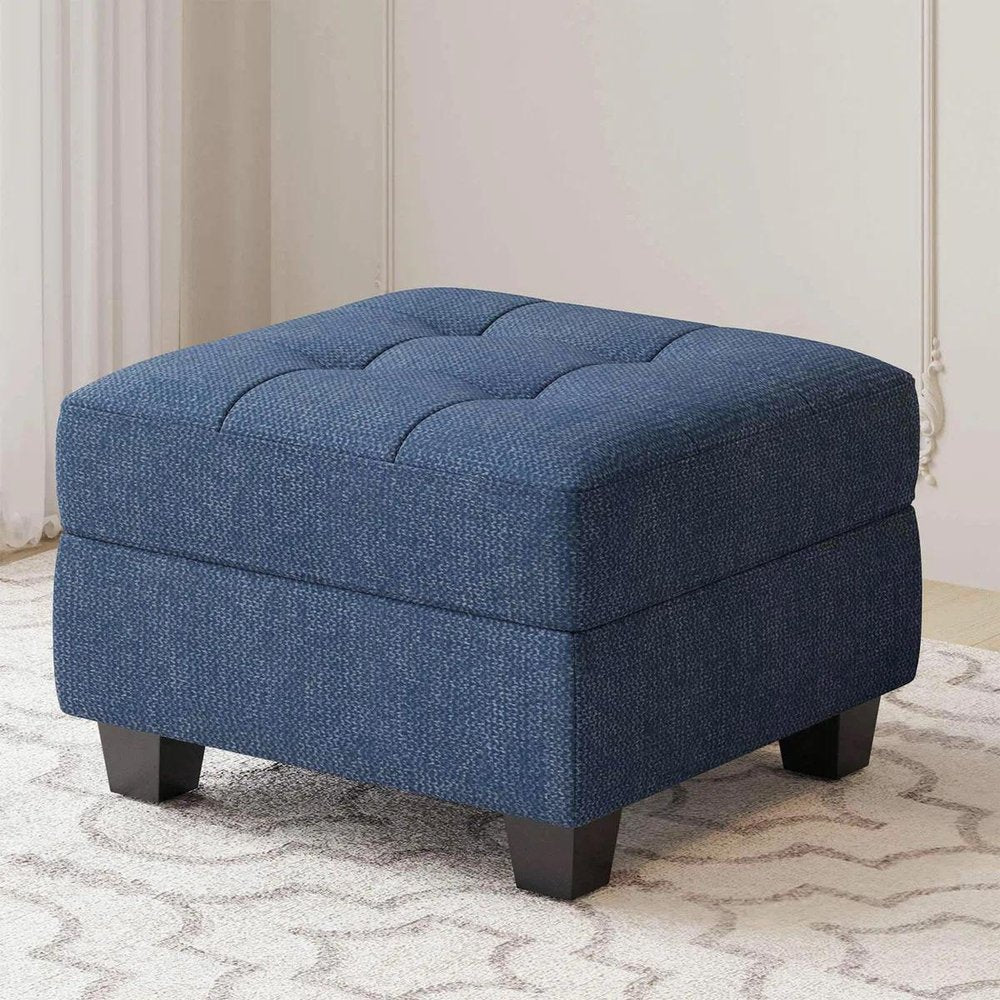 26" Gray and Black Solid Wood and Linen Tufted Storage Ottoman