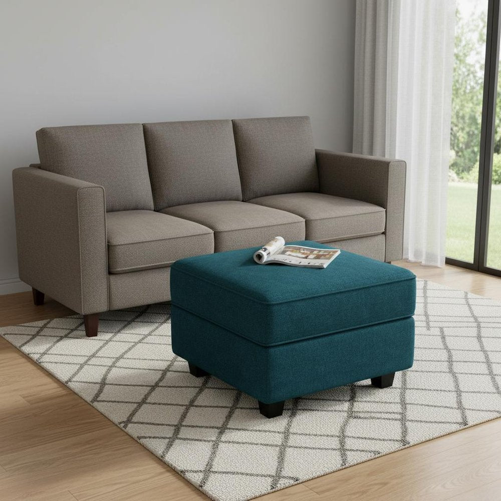 26" Teal Blue and Black Solid Wood and Microfiber Storage Ottoman