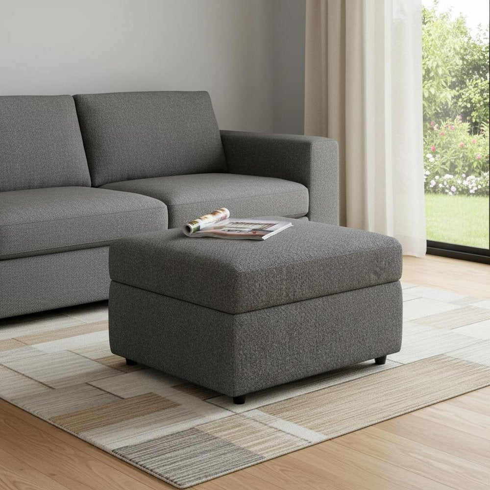 30" Beige and Black Chenille Storage Ottoman