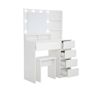 35" White Wood Five Drawer Vanity Table With Stool Mirror And Lights