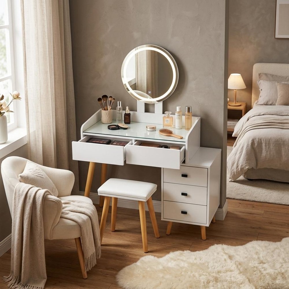 46" White Wood Mirrored Five Drawer Vanity Table