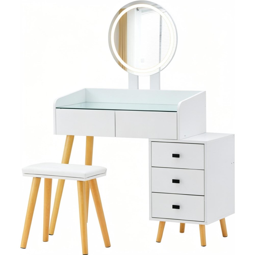 46" White Wood Mirrored Five Drawer Vanity Table