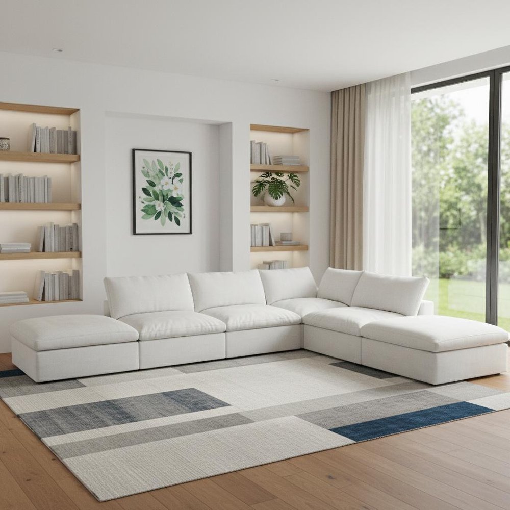 160" White Linen Blend Modular Armless Sofa With Ottomans And Storage