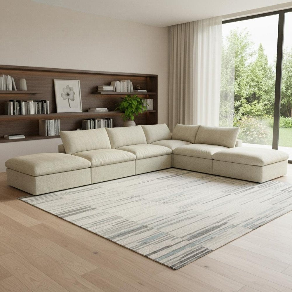 160" Khaki Linen Blend Modular Armless Sofa With Ottomans Toss Pillows And Storage