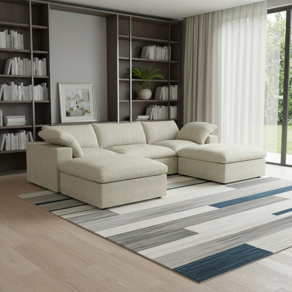 120" Beige Linen Blend Modular Sofa With Ottoman And Toss Pillows And Storage