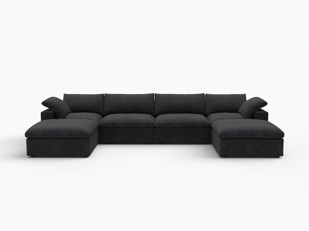 160" Black Linen Blend Modular Sofa With Ottomans Toss Pillows And Storage