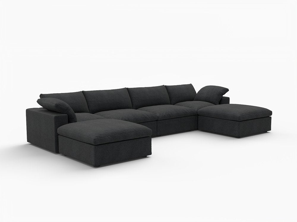 160" Black Linen Blend Modular Sofa With Ottomans Toss Pillows And Storage