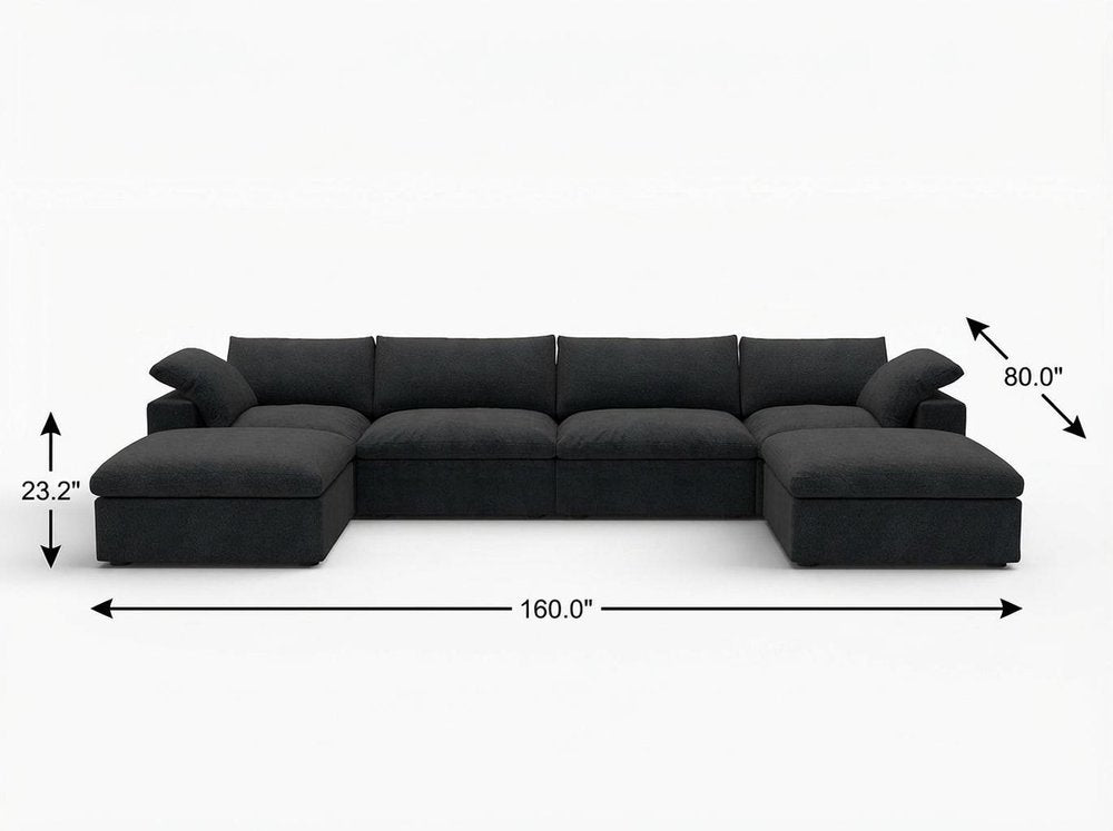 160" Black Linen Blend Modular Sofa With Ottomans Toss Pillows And Storage