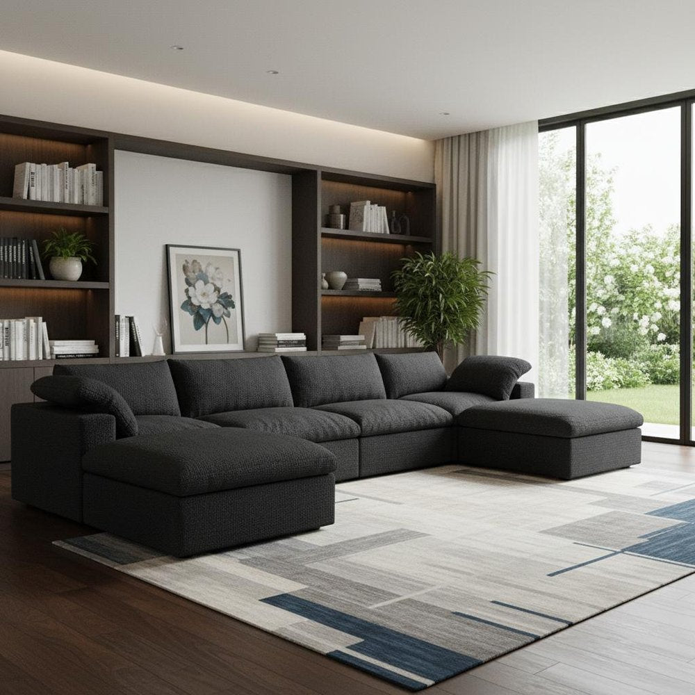 160" Black Linen Blend Modular Sofa With Ottomans Toss Pillows And Storage