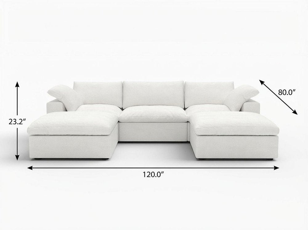 120" White Linen Blend Modular Universal Sofa With Ottoman And Storage