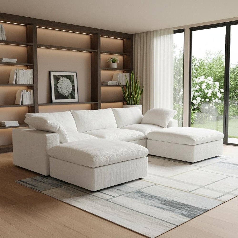 120" White Linen Blend Modular Universal Sofa With Ottoman And Storage