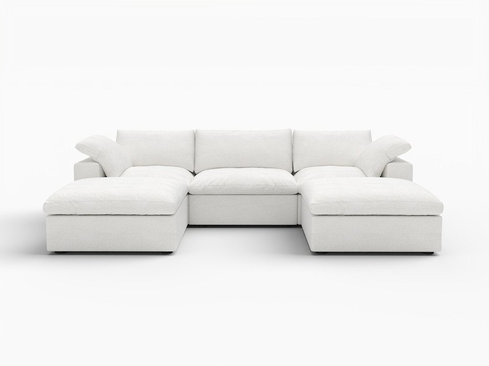 120" White Linen Blend Modular Universal Sofa With Ottoman And Storage