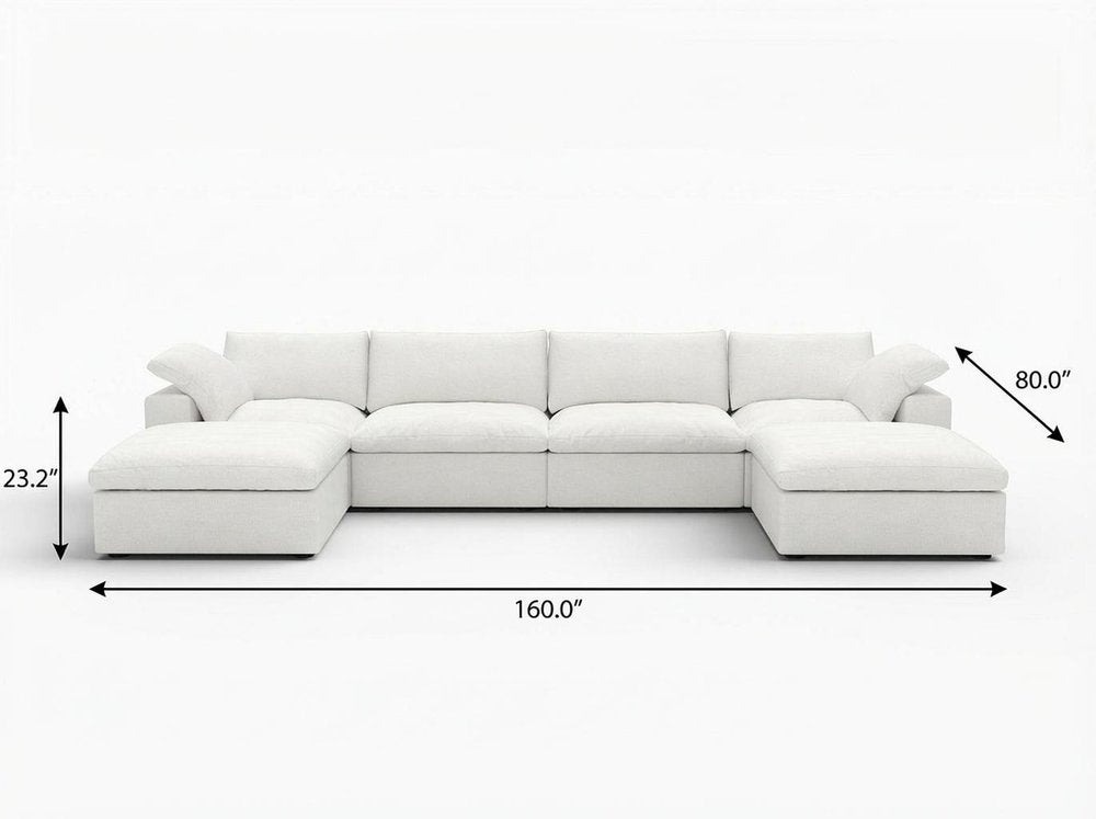 160" White Linen Blend Modular Sofa With Ottomans Toss Pillows And Storage
