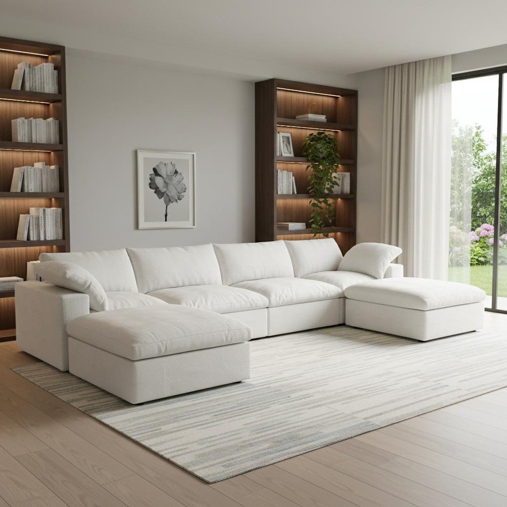 160" White Linen Blend Modular Sofa With Ottomans Toss Pillows And Storage