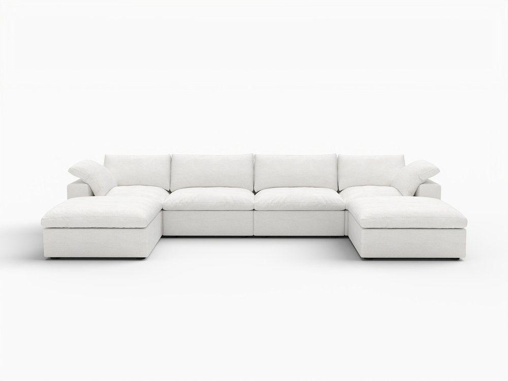 160" White Linen Blend Modular Sofa With Ottomans Toss Pillows And Storage
