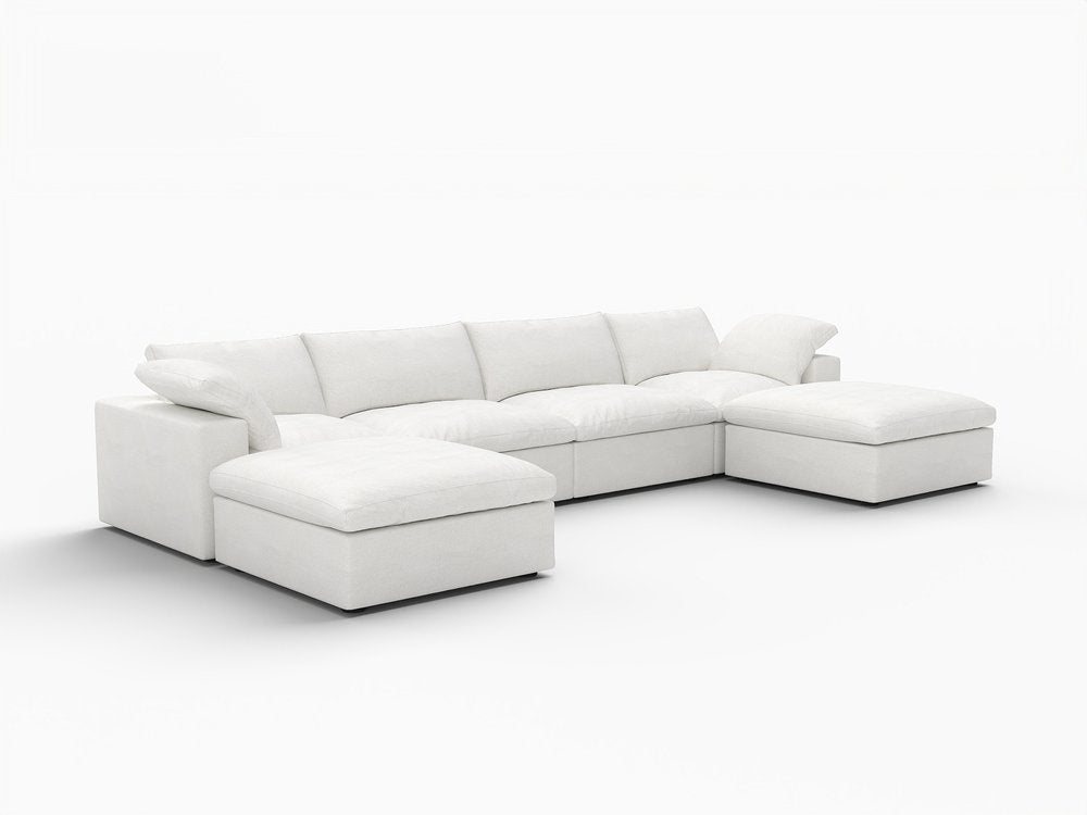 160" White Linen Blend Modular Sofa With Ottomans Toss Pillows And Storage