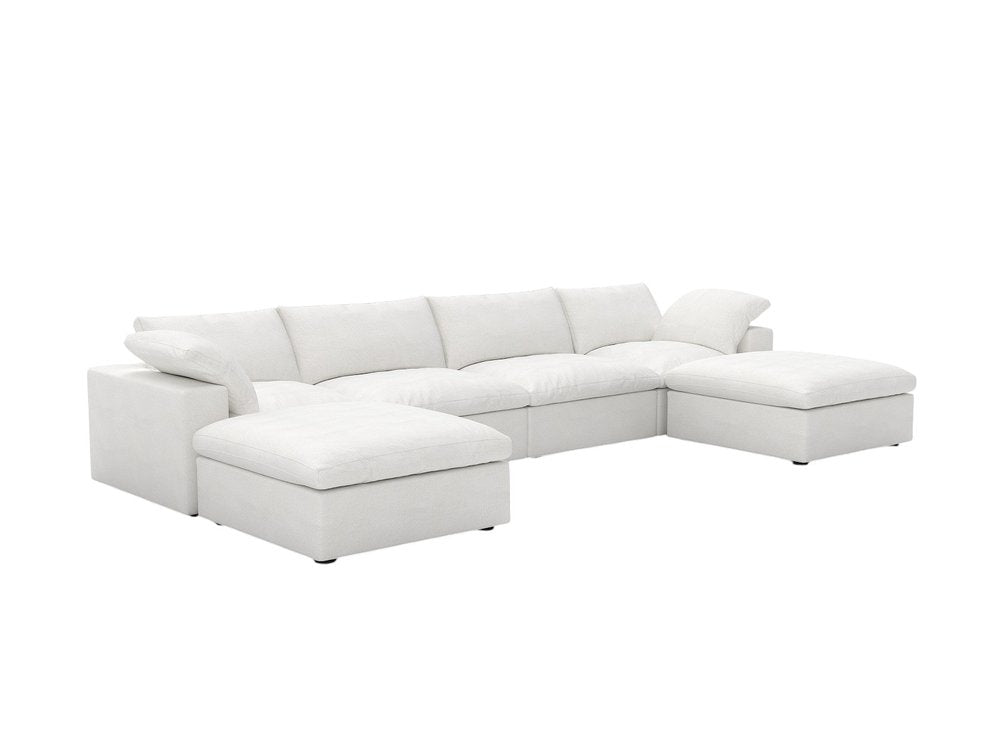 160" White Linen Blend Modular Sofa With Ottomans Toss Pillows And Storage
