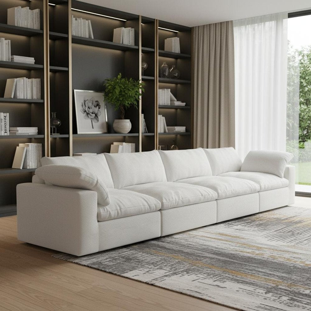160" White Linen Blend Modular Sofa With Toss Pillows