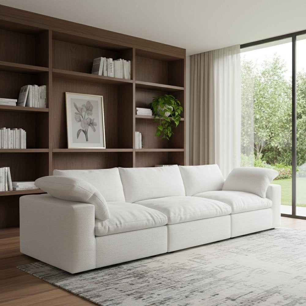 120" White Linen Blend Modular Sofa With Toss Pillows