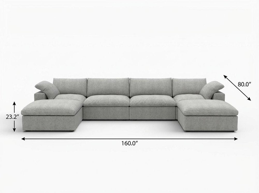 160" Light Gray Linen Blend Modular Sofa With Ottomans Toss Pillows And Storage