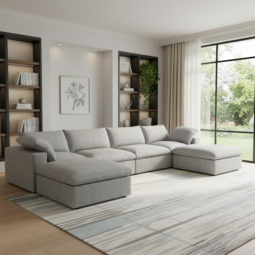 160" Light Gray Linen Blend Modular Sofa With Ottomans Toss Pillows And Storage