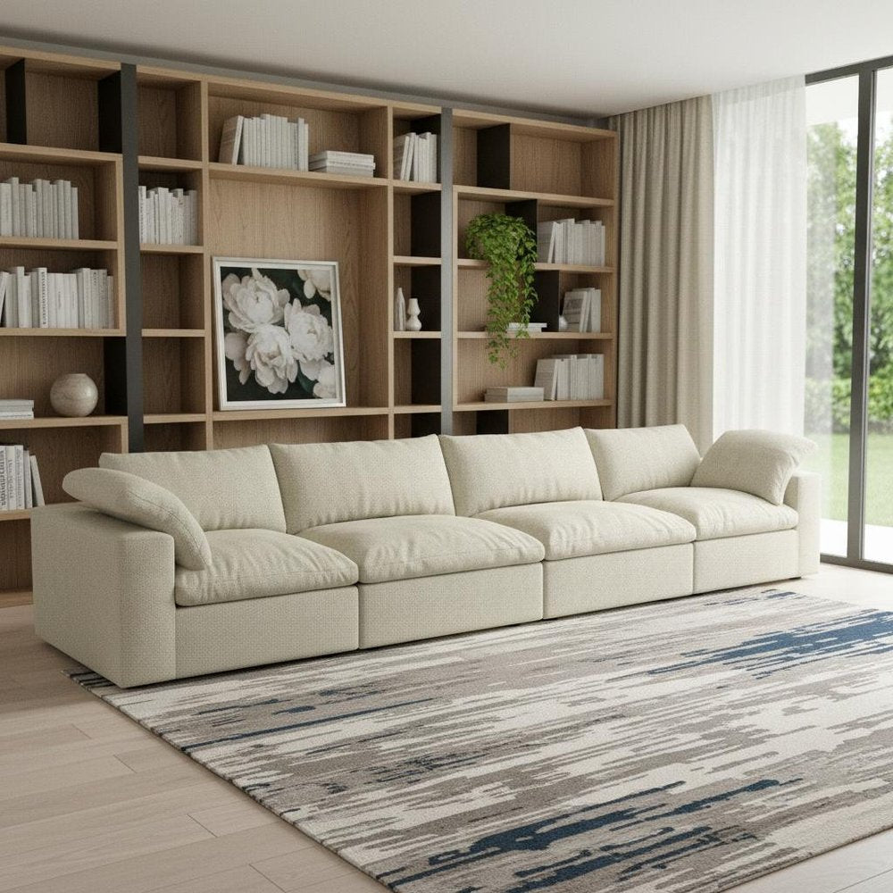 160" Khaki Linen Blend Modular Sofa With Toss Pillows
