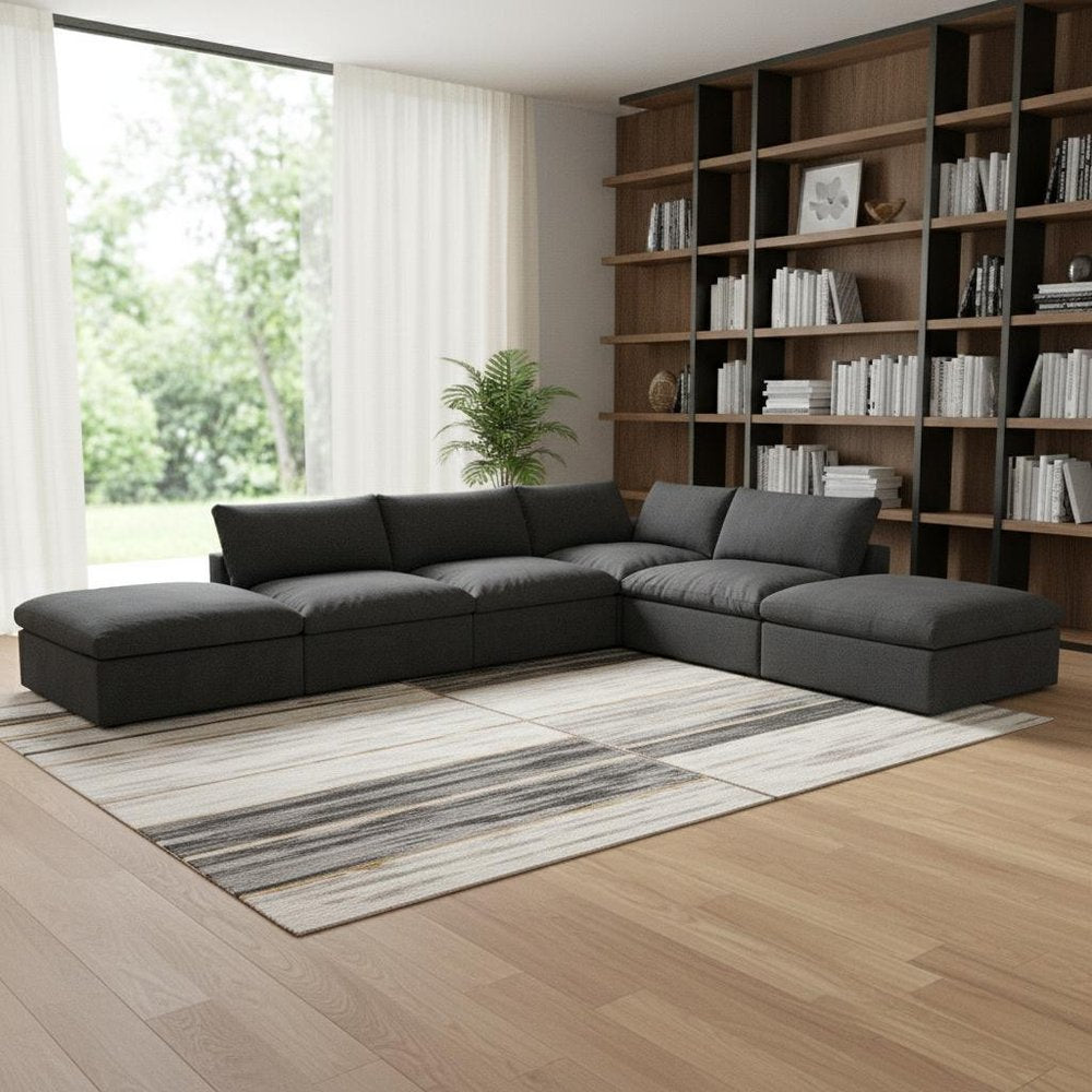 160" Black Linen Blend Modular Armless Sofa With Ottomans And Storage