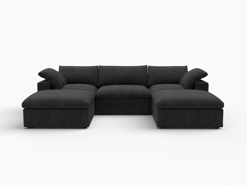120" Black Linen Blend Modular Sofa With Ottomans Toss Pillows And Storage