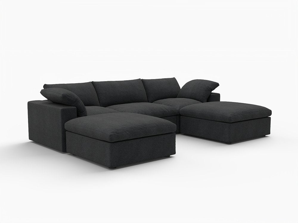 120" Black Linen Blend Modular Sofa With Ottomans Toss Pillows And Storage