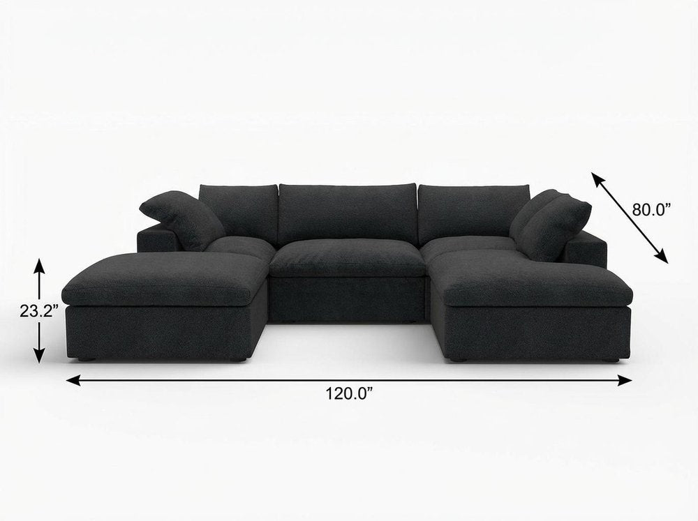 120" Black Linen Blend Modular Sofa With Ottomans Toss Pillows And Storage