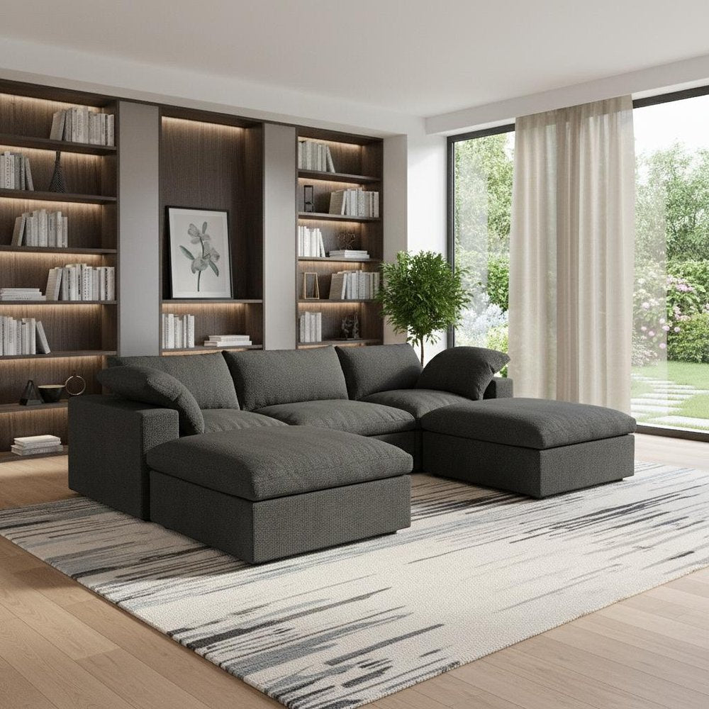 120" Black Linen Blend Modular Sofa With Ottomans Toss Pillows And Storage