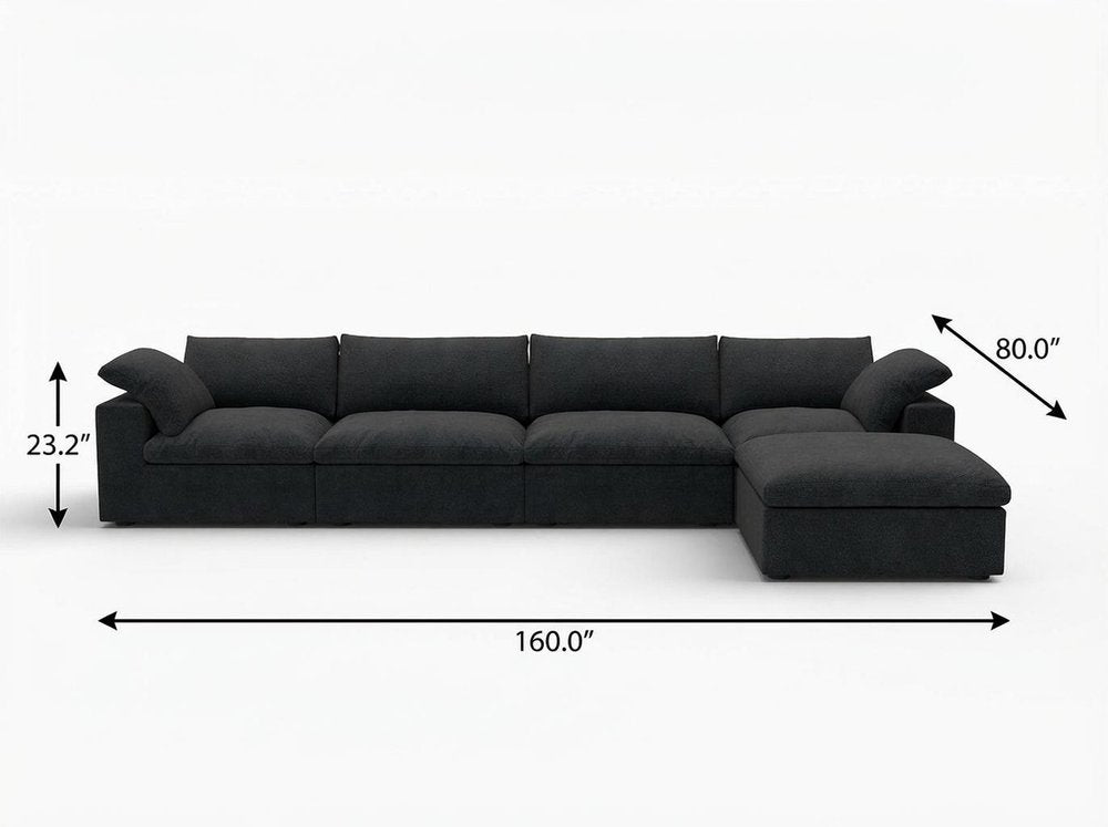160" Black Linen Blend Modular Right Sofa With Ottoman And Toss Pillows