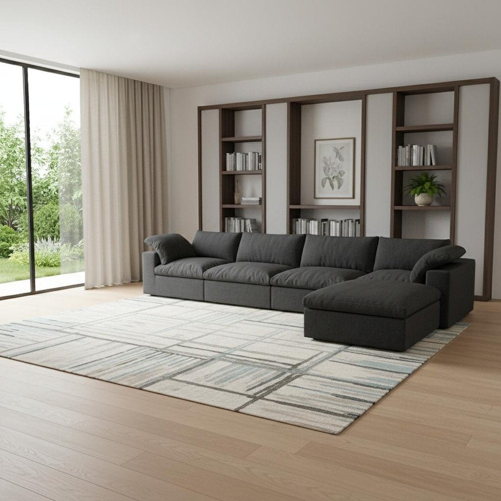 160" Black Linen Blend Modular Right Sofa With Ottoman And Toss Pillows