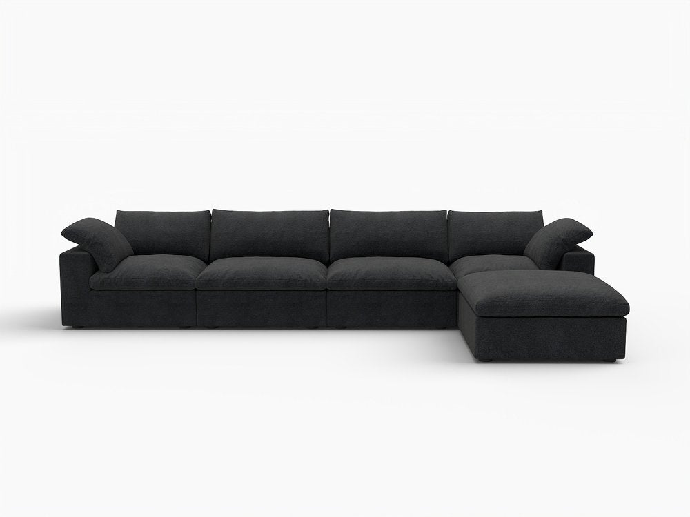 160" Black Linen Blend Modular Right Sofa With Ottoman And Toss Pillows
