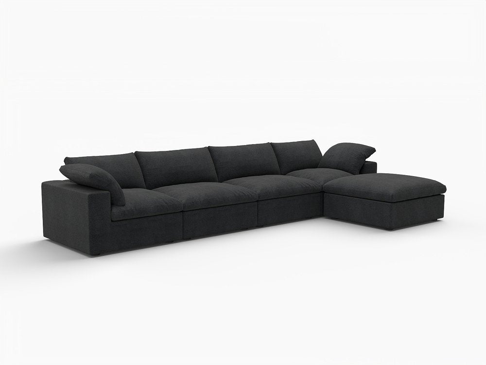 160" Black Linen Blend Modular Right Sofa With Ottoman And Toss Pillows