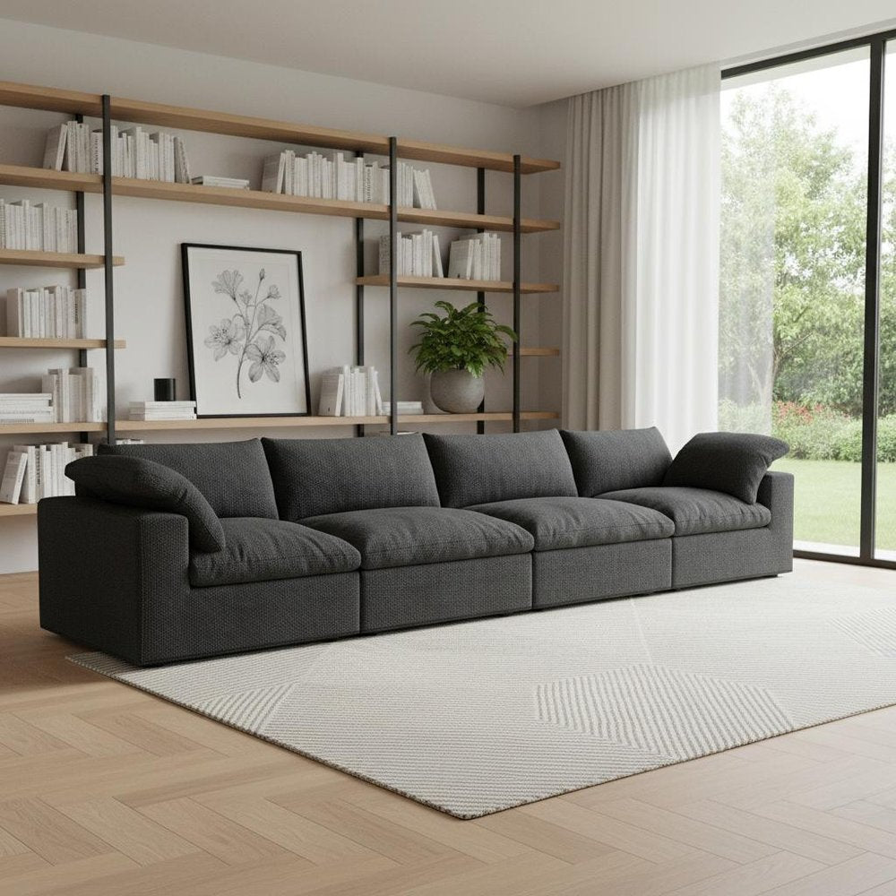 160" Black Linen Blend Modular Sofa With Toss Pillows