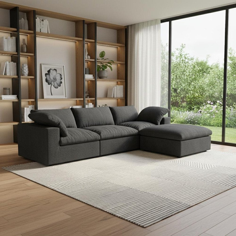 120" Black Linen Blend Modular Sofa With Ottoman And Storage