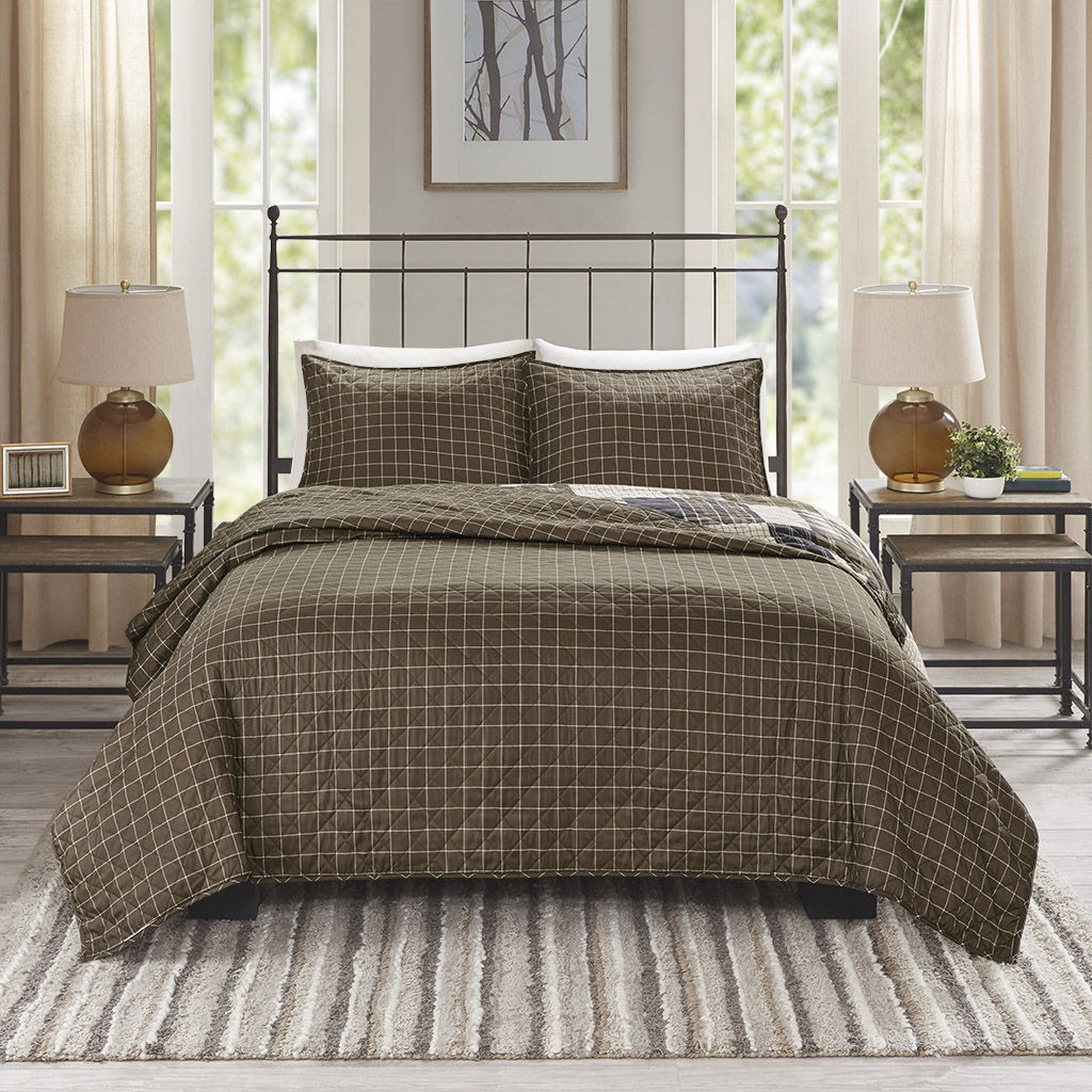 Timber - King 3 Piece Reversible Printed Coverlet Set - Black / Brown