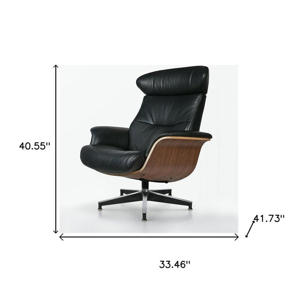 33" Black and Walnut Leather And Wood Swivel Lounge Chair With Ottoman